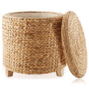 casafield 17" round storage ottoman with lid - natural, handwoven water hyacinth footstool for living room, bedroom, bathroom, home office