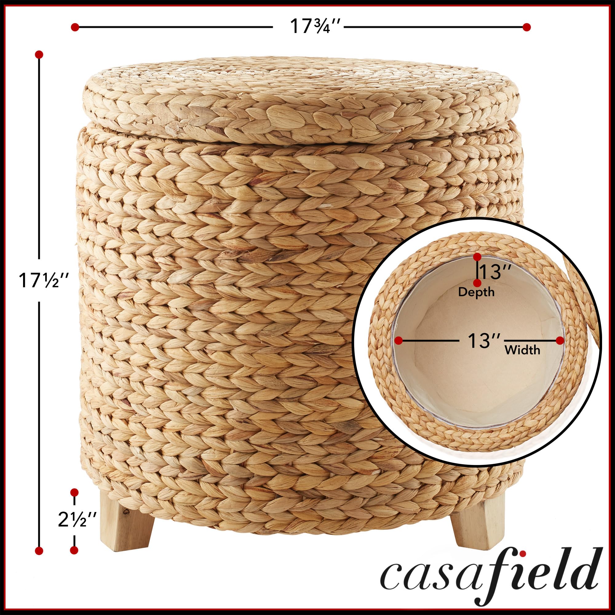 Casafield 17" Round Storage Ottoman with Lid - Natural, Handwoven Water Hyacinth Footstool for Living Room, Bedroom, Bathroom, Home Office