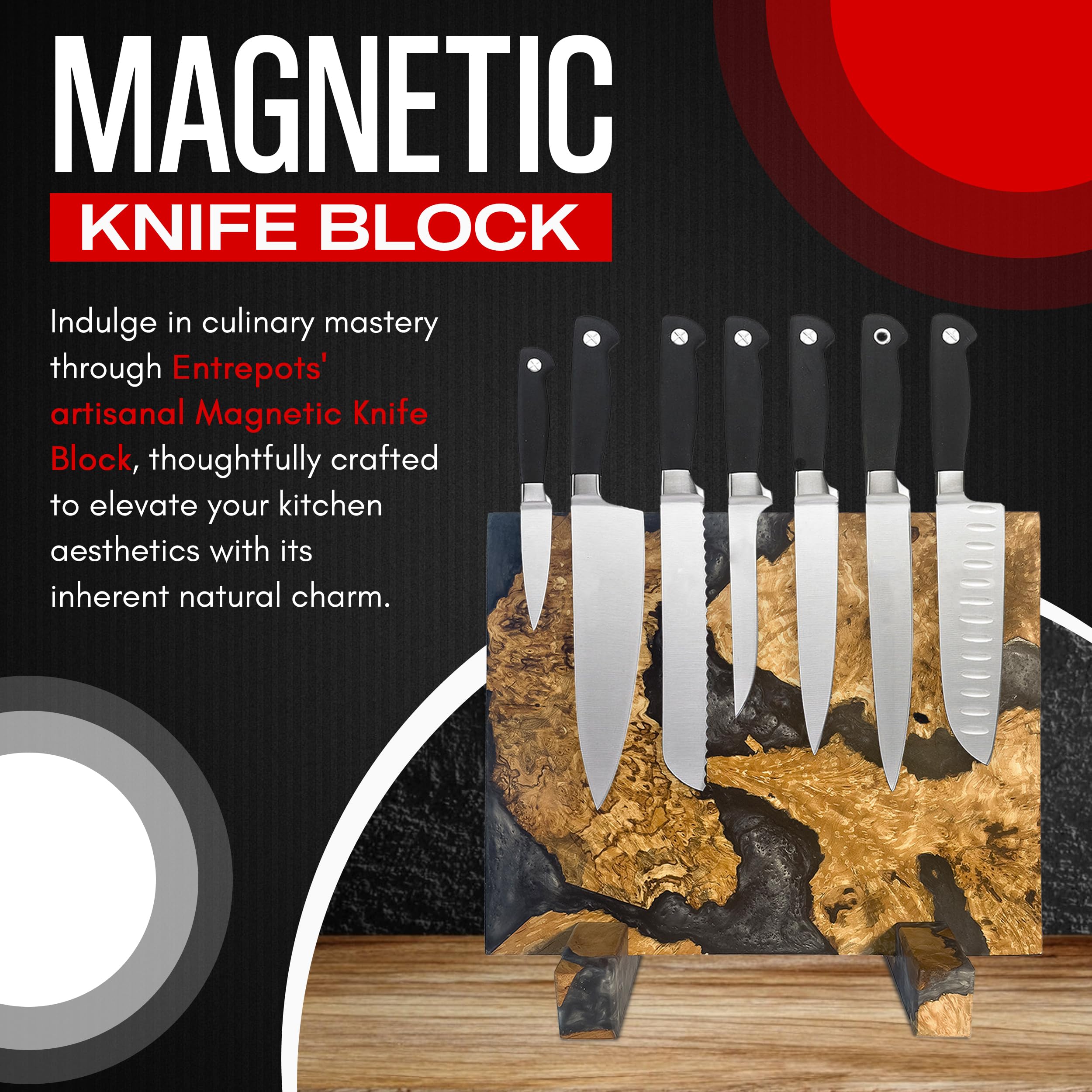 Magnetic Knife Block Without Knives - Magnetic Knife Holder | Magnetic Knife Block for Kitchen Counter| Wooden Block Knife Holder | Kitchen Knife Magnetic Holder | Magnet Knife Block (Smoky Black)