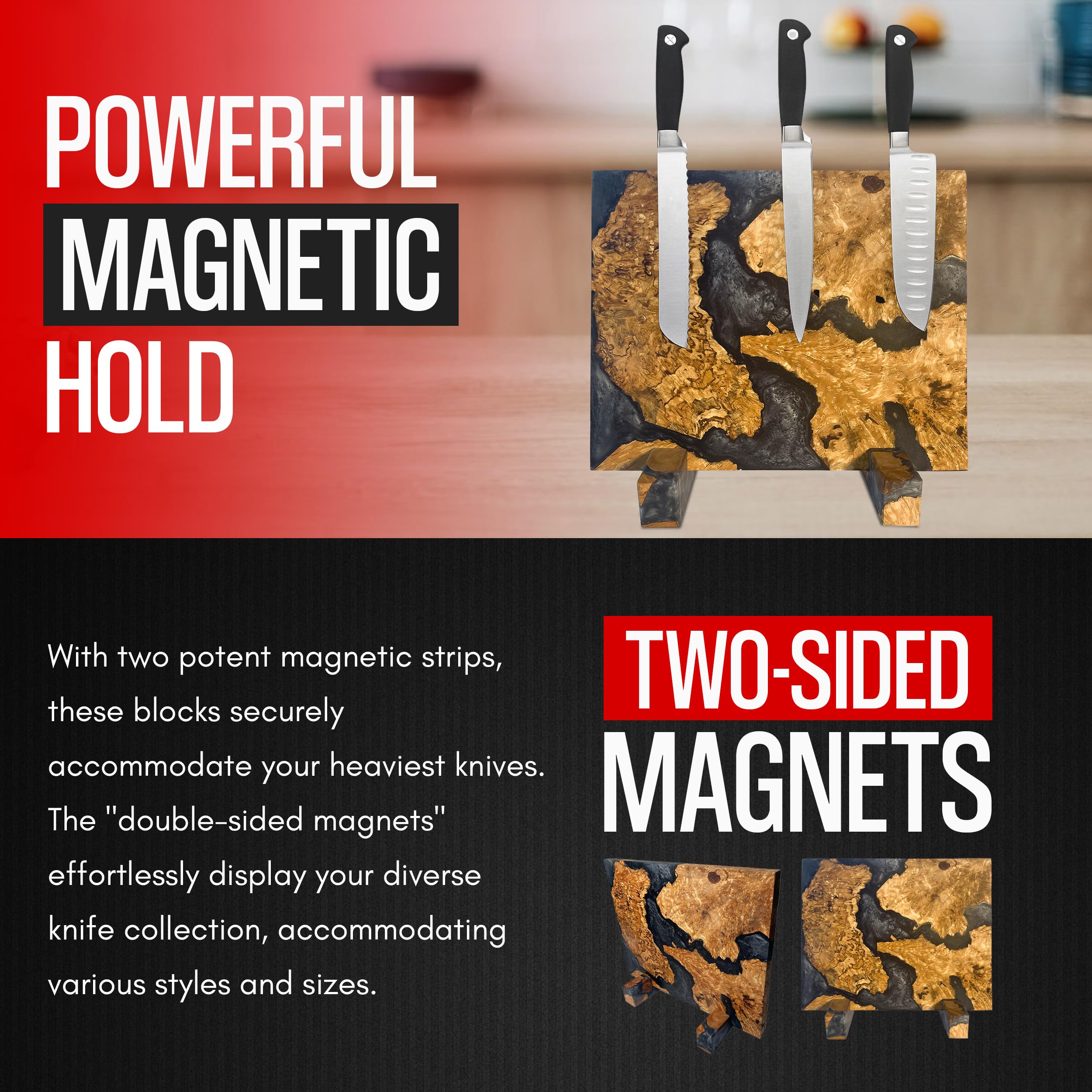 Magnetic Knife Block Without Knives - Magnetic Knife Holder | Magnetic Knife Block for Kitchen Counter| Wooden Block Knife Holder | Kitchen Knife Magnetic Holder | Magnet Knife Block (Smoky Black)