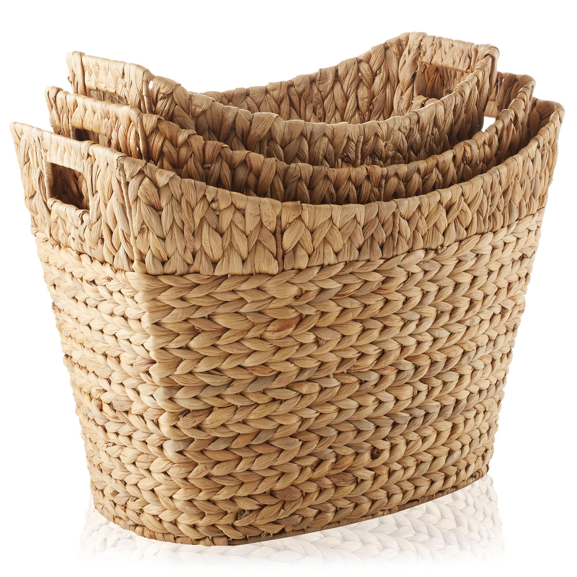 Casafield Set of 3 Stackable Oval Laundry Baskets with Handles - Natural, Woven Water Hyacinth Storage Totes for Throw Blankets, Bathroom, Bedroom, Living Room