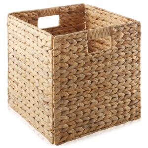 Casafield 12" x 12" Water Hyacinth Storage Baskets, Natural - Set of 6 Collapsible Cube Organizers, Woven Bins for Bathroom, Bedroom, Laundry, Pantry, Shelves