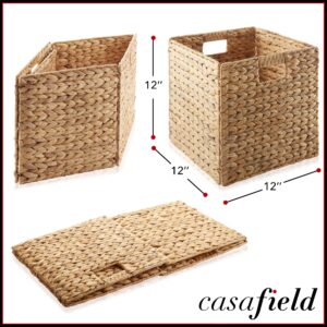 Casafield 12" x 12" Water Hyacinth Storage Baskets, Natural - Set of 6 Collapsible Cube Organizers, Woven Bins for Bathroom, Bedroom, Laundry, Pantry, Shelves