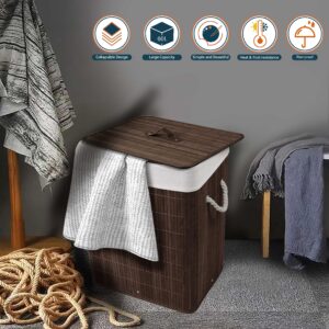 BEEBAON 60L Laundry Basket with Lid, Collapsible Laundry Hamper with Removable Liner Bag, Bamboo Washing Basket with Cotton Handles and PU Handle