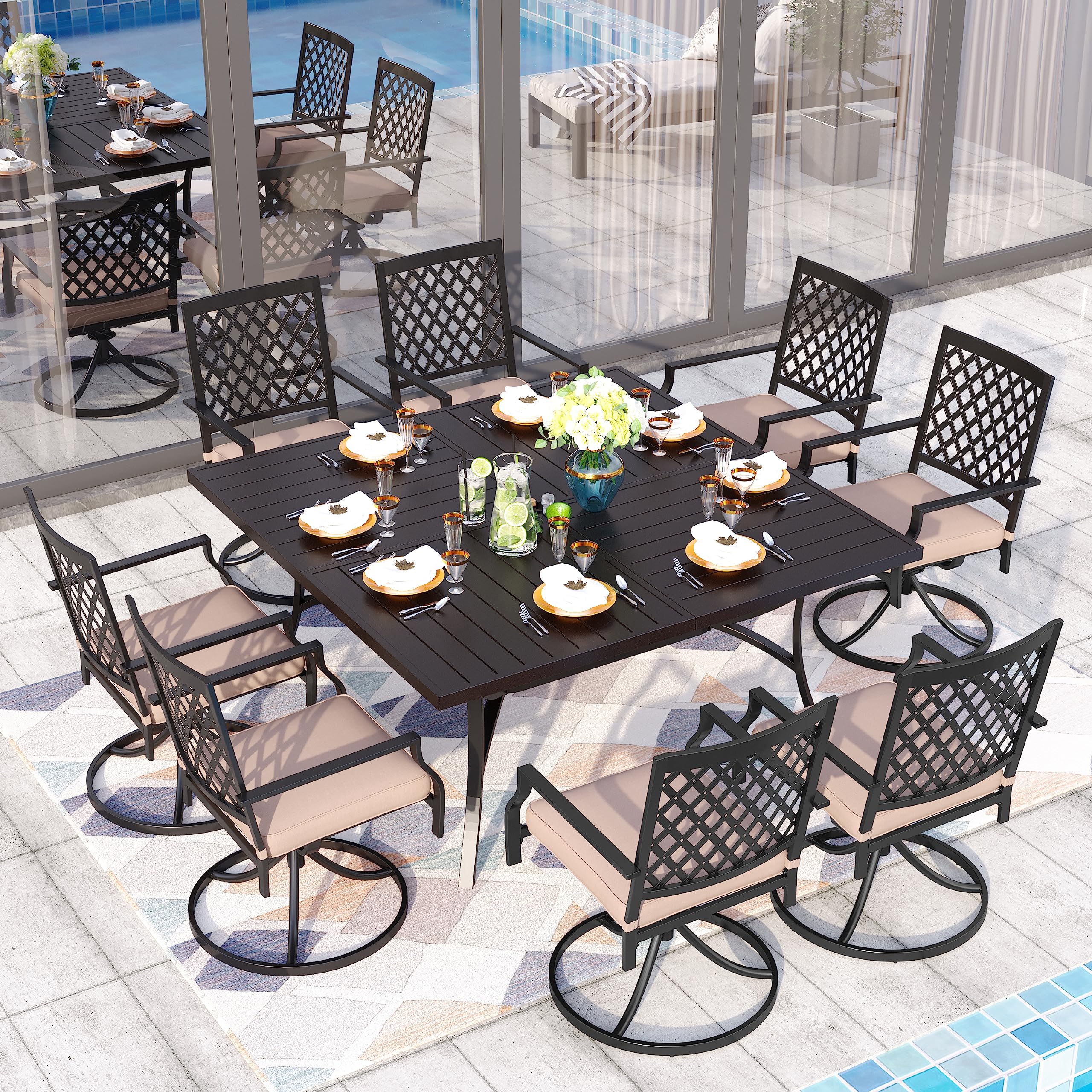 Sophia & William Outdoor Dining Set of 9, Large Square Patio Dining Table with 8 Swivel Rocking Dining Chairs with Cushion, Metal Black sOutdoor Table and Chairs for Garden Backyard Bistro