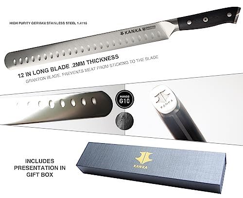 KANKA 12 inch Slicing Carving Knife - Ultra Sharp 1.4116 German Stainless Steel. Premium G10 Hamdle. Gift Box Included