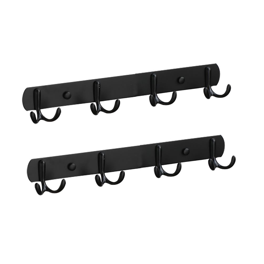 Estrend 2-Pack Coat Rack Wall Mounted with 4 Double Hooks Metal Coat Hook Rail Bath Towel Robe Hooks Key Hooks Holder for Bathroom Entryway, 13.6", Matte Black