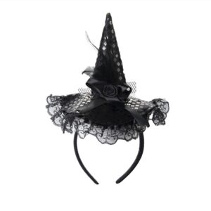 dzrige halloween witch hat headband witch feather headwear with lace trim witch hat headpiece accessories for halloween party cosplay (black)