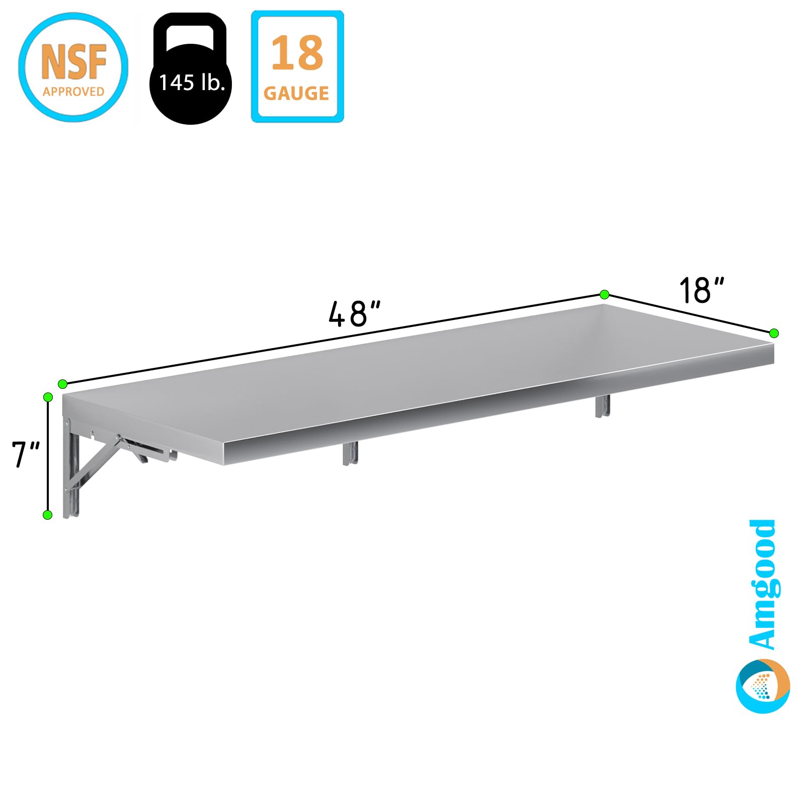 AmGood 18" x 48" Stainless Steel Folding Wall Shelf | NSF Certified | Food Truck | Kitchen, Restaurant, Garage, Laundry, Utility Room