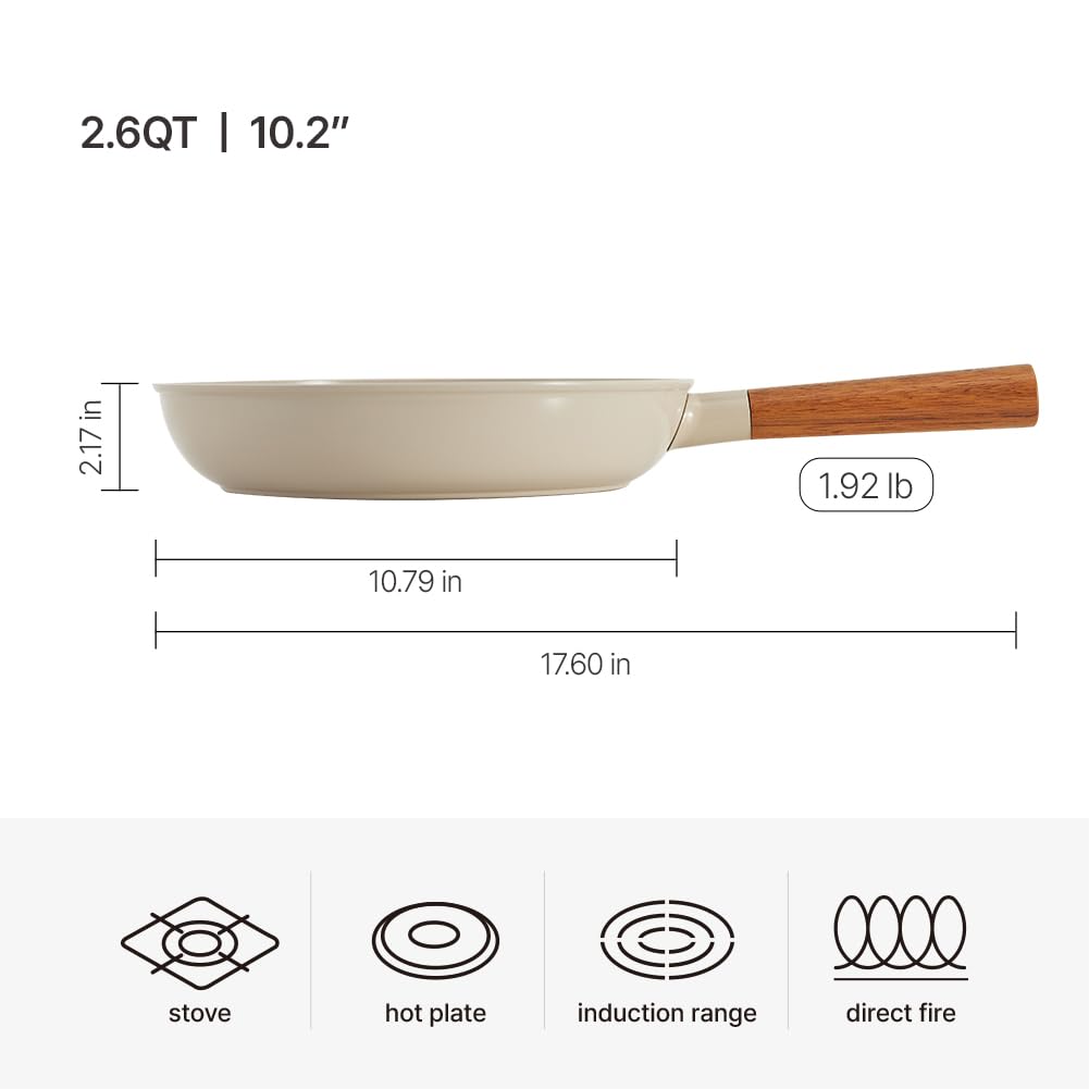 dogado Organic Frying Pan & Pot with Wood Handle, Nonstick Ceramic Cookware, Multipurpose Skillet, Sand Beige (Frying Pan)