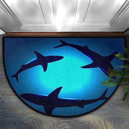 Ahee Floating Shark Half Round Door Mat, Ocean Shark Half Circle Rug Non-Slip Welcome Entrance Indoor Outdoor Rug Absorbent DoormatFloor Matfor Patio Home 20x32 Inch