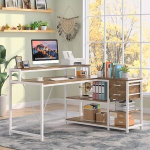 LITTLE TREE 55" L-Shaped Computer Desk, Reversible Home Office Desk with File Drawers and Monitor Stand, Gaming Desk Writing Study Table Workstation