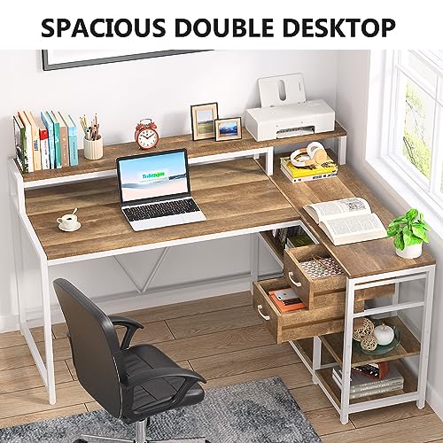 LITTLE TREE 55" L-Shaped Computer Desk, Reversible Home Office Desk with File Drawers and Monitor Stand, Gaming Desk Writing Study Table Workstation