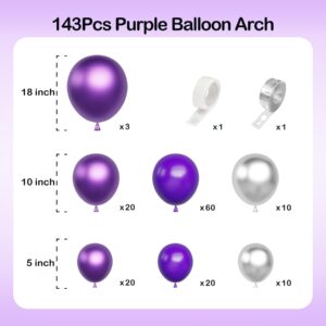 Dark Purple Balloons Arch Garland Kit-143Pcs Silver Metallic Purple Balloons for Birthday Anniversary New Years Baby Shower Graduation Engagement Wedding Retirement Party Decoration