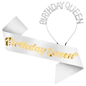 Birthday Sash for Women & Birthday Crown - 2Pc SET - Birthday Sash and Birthday Tiara. Ideal Birthday Decorations for Women, Birthday Headband, Birthday Queen Sash (Silver)