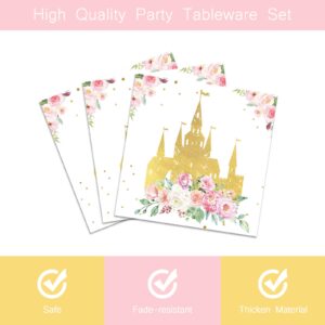 Girl Fairytale Princess Birthday Tableware Party Supplies Serves 24 Guests Once Upon a Time Pink Floral Gold Castle Plates Napkins Forks for Girls Birthday Party Decoration Supplies