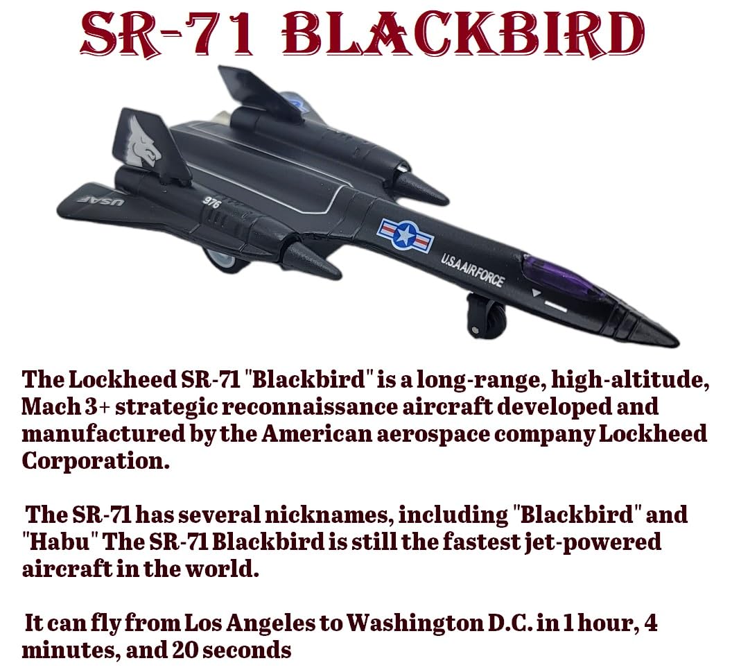 Zugar Land Die-Cast Pullback Stealth Bomber Models (4.25"-5.25") SR-71 Blackbird, F-22 Raptor, F-117 Nighthawk, B2 Bomber (SR-71 Blackbird)