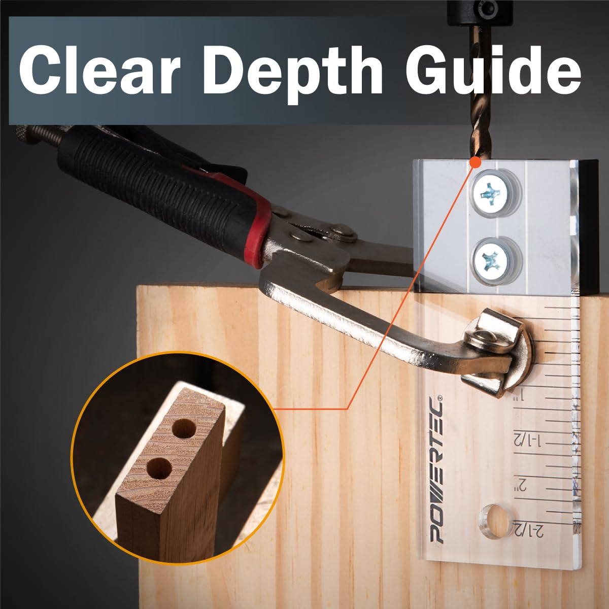 POWERTEC 71716 Dowel Drilling Jig with laser cut witness mark, included depth scale, Cobalt M-35 Drill Bit and Split Ring Stop Collar, 3/8-Inch