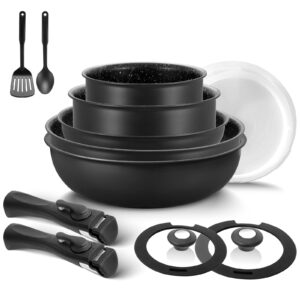 bezia induction cookware set 13 pieces, pots and pans set non-stick with removable handles, for all hobs, stackable design for rv, camping, dishwasher and oven safe, pfas free