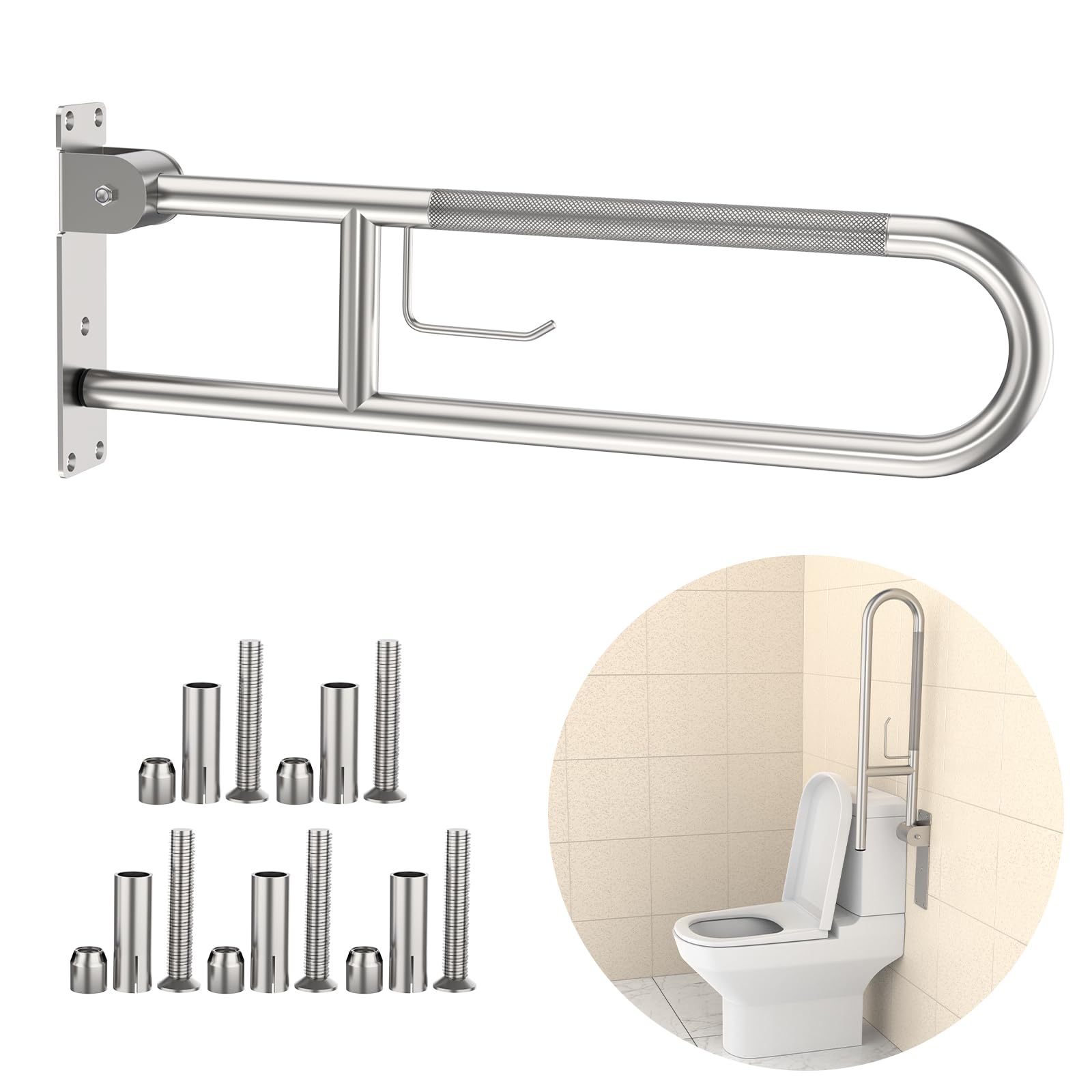 Toilet Grab Bar 30.3 Inch, YuanDe Brushed Nickel Anti-Slip Support Rail, U Shaped Flip-Up Grab Bar with Paper Holder, Stainless Steel Knurled Handicap Safety Handrails for Disabled Elderly Pregnant