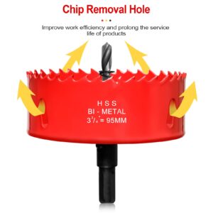 Hole Saw 3 3/4” (95mm) for Wood and Plastic, HSS Bi-Metal Hole Cutter Core Drill Bit for Drywall, PVC Boards, Fiberglass and Vent Pipes