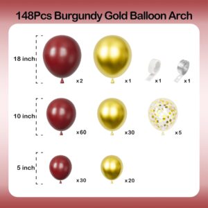 Burgundy Gold Balloons Arch Garland Kit-148Pcs Metallic Confetti Balloons for Birthdays, Anniversaries, New Years, Engagements, Weddings & Retirement Party