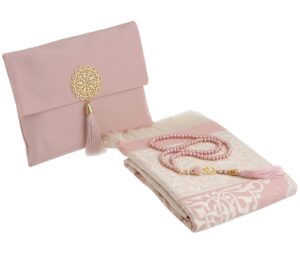 prien muslim prayer rug with tasbih and portable bag, muslim gift for women men, mubarak islamic box, soft mat islam gifts set, turkish sajadah for ramadan, eid, hajj, travel, pray (powder pink)