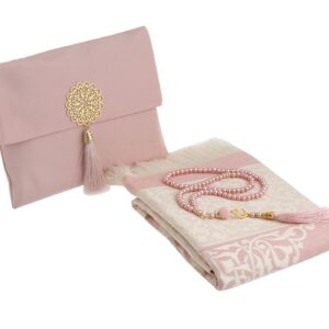 Prien Muslim Prayer Rug with Tasbih and Portable Bag, Muslim Gift for Women Men, Mubarak Islamic Box, Soft Mat Islam Gifts Set, Turkish Sajadah for Ramadan, Eid, Hajj, Travel, Pray (Powder Pink)