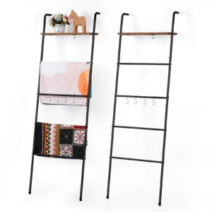 blanket ladder set of 2 blanket ladder with shelf towel ladder for bathroom blanket rack with 8 hooks farmhouse ladder blanket holder 5-tier metal quilt ladder rack for living room bedroom, black