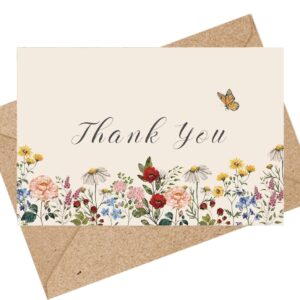 ChicRosa 24 Pack Wildflower Thank You Cards Bulk Vintage Flower Greeting Cards with Kraft Envelope Sticker Retro Floral Blank Note Cards for Birthday Wedding Baby Shower Bridal Shower, 4 x 6 Inch