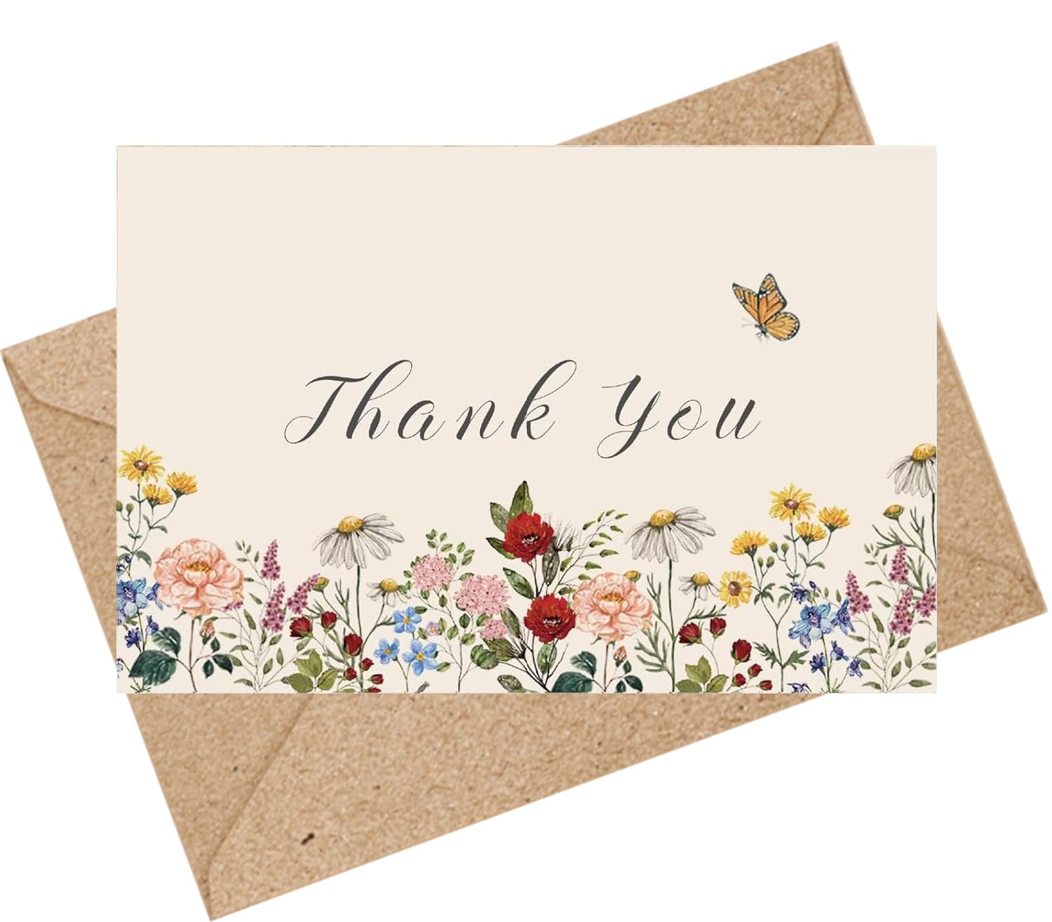 ChicRosa 24 Pack Wildflower Thank You Cards Bulk Vintage Flower Greeting Cards with Kraft Envelope Sticker Retro Floral Blank Note Cards for Birthday Wedding Baby Shower Bridal Shower, 4 x 6 Inch