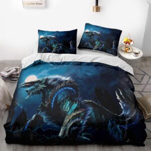 ponnyc mh dragon hunter game duvet cover soft 3d printed bedding set with comforter cover 3 piece set includes 2 pillowcases and 1 duvet cover machine washable (03,king (104"x90"))