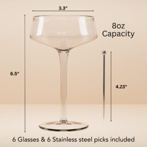 LOUVOR Champagne Coupe Glasses Set of 6-8oz Hand Blown Crystal Martini Glasses with 6 Stainless Steel Cocktail Picks - Versatile Tall Cocktail Glasses & Vintage Cocktail Glasses for Martini & More