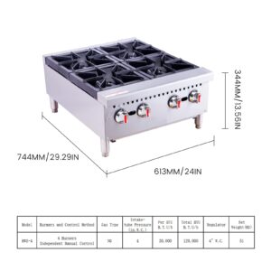 EASYROSE Gas Hot Plate 4 Burner Gas Stove 24" Commercial Stove Top Countertop Gas Range Commercial Cooking Equipment 120,000 BTU, ETL Listed