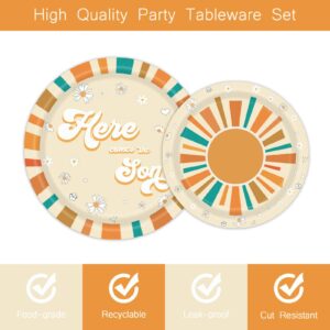 96 Pieces Here Comes The Son Tableware Set for Baby Shower Table Decorations Retro Sunshine Daisy Dessert Plates Napkins Forks for 24 Guests Boy Boho Sun Baby Shower Party Supplies