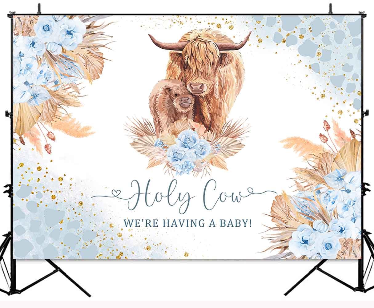 Ayayiya Highland Cow Baby Shower Backdrop Boy Holy Cow We are Having a Baby Farm Cow Party Decorations Boho Blue Highland Cattle Baby Shower Backdrops Cake Table Banner Photography Backdground 7x5ft