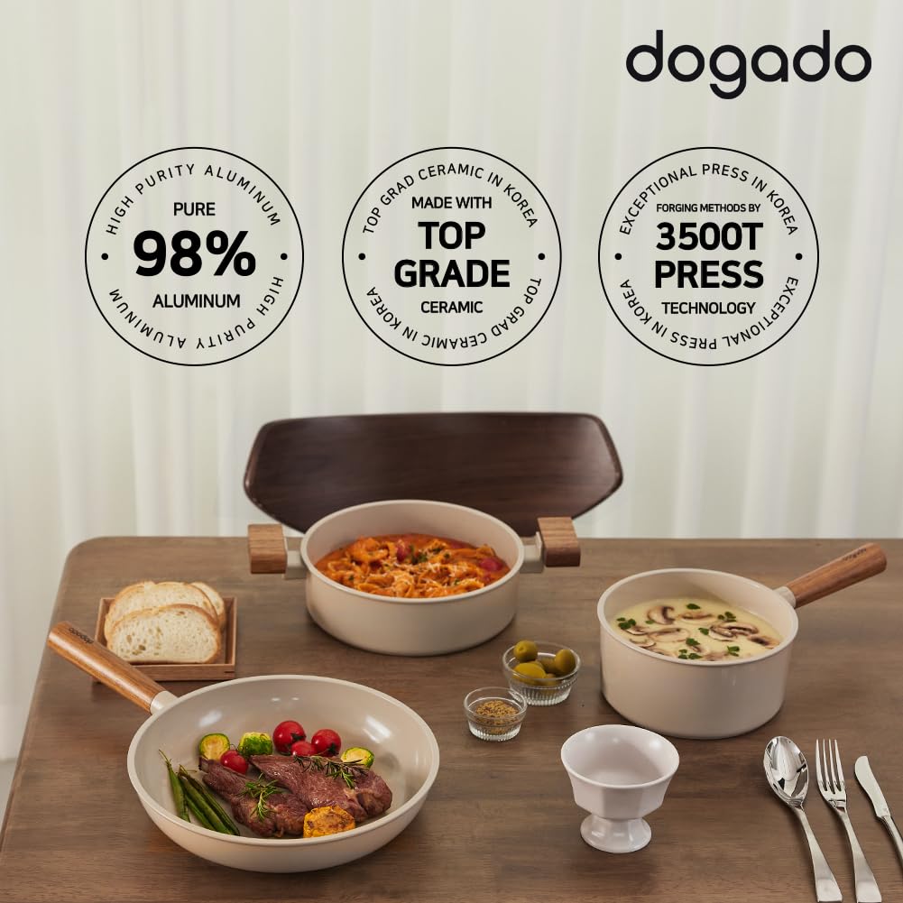 dogado Organic Frying Pan & Pot with Wood Handle, Nonstick Ceramic Cookware, Multipurpose Skillet, Sand Beige (Frying Pan)