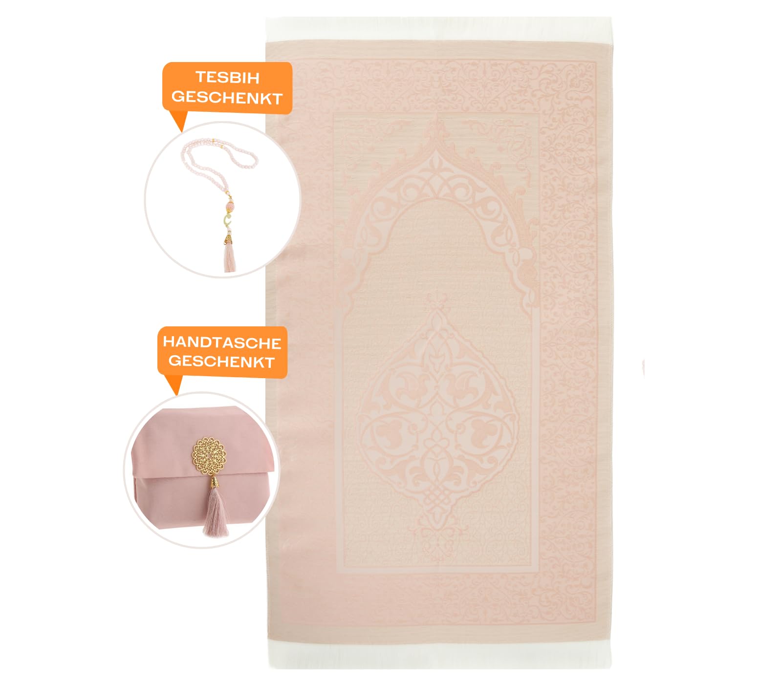 Prien Muslim Prayer Rug with Tasbih and Portable Bag, Muslim Gift for Women Men, Mubarak Islamic Box, Soft Mat Islam Gifts Set, Turkish Sajadah for Ramadan, Eid, Hajj, Travel, Pray (Powder Pink)