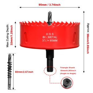 Hole Saw 3 3/4” (95mm) for Wood and Plastic, HSS Bi-Metal Hole Cutter Core Drill Bit for Drywall, PVC Boards, Fiberglass and Vent Pipes