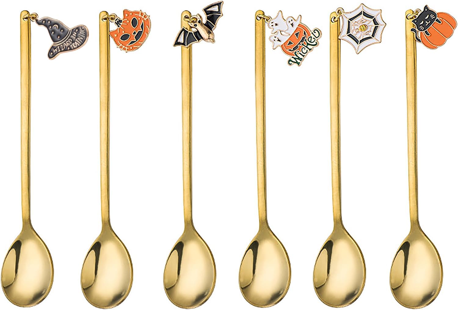 GLKTOPO 6Pcs Halloween Coffee Spoons, Stainless Steel Pumpkin Bat Pendant, Spooky Dessert Teaspoon Tea for PartyTable Decoration Espresso Stirring for Halloween Party Kitchen Mixing, Sugar, Stir