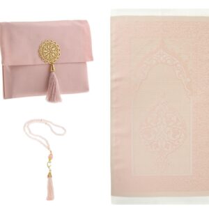 Prien Muslim Prayer Rug with Tasbih and Portable Bag, Muslim Gift for Women Men, Mubarak Islamic Box, Soft Mat Islam Gifts Set, Turkish Sajadah for Ramadan, Eid, Hajj, Travel, Pray (Powder Pink)