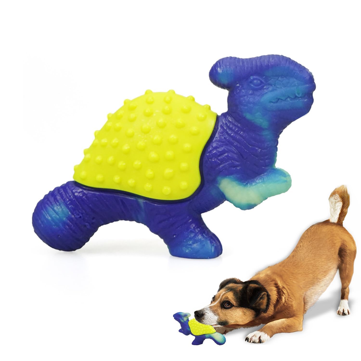 DOEL Dog Chew Toys for Aggressive Chewers, Chewing to Clean Teeth, Indestructible Nylon Toy, Beefy Flavor, Dinosaurs Modeling, Blue and Yellow