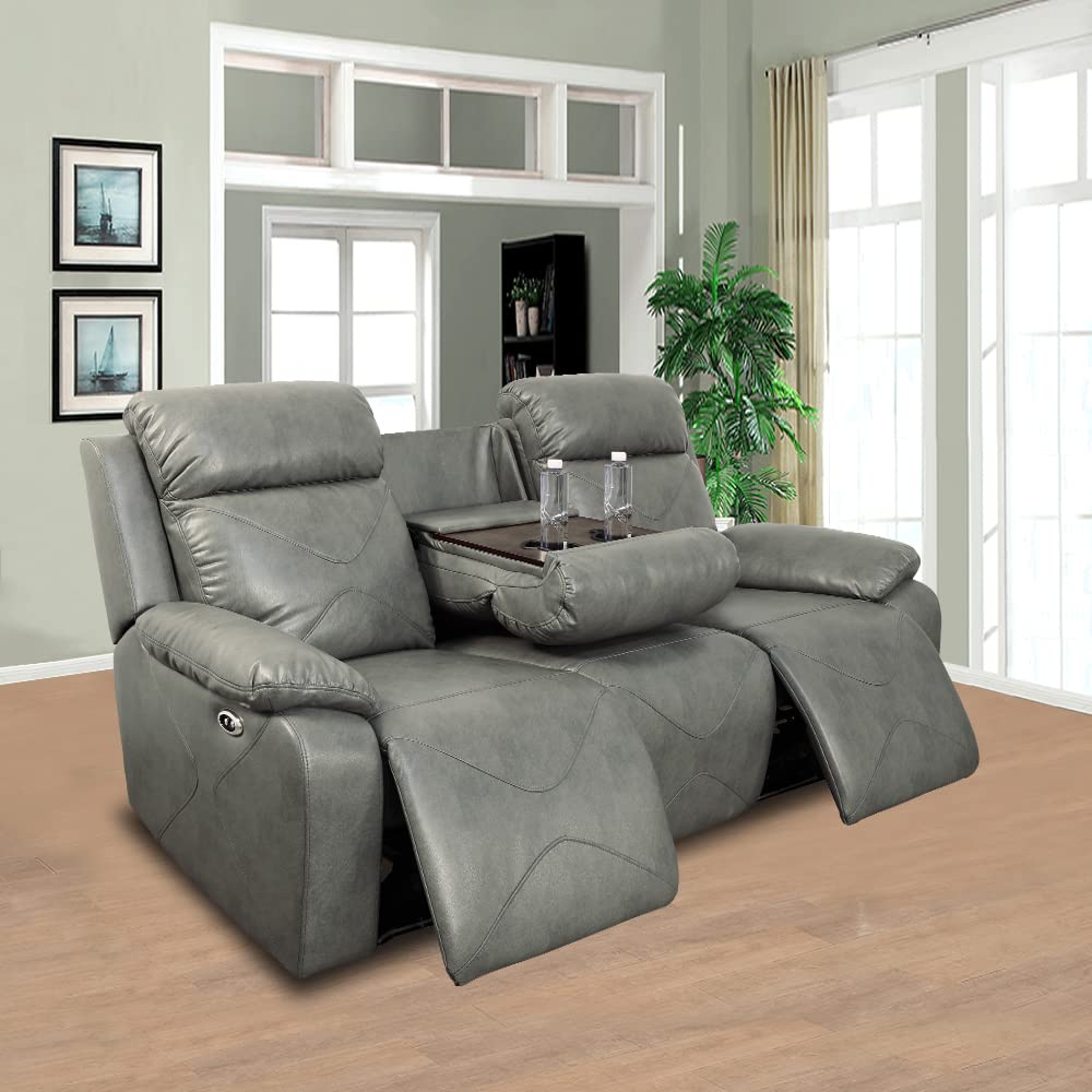 GEBADOL Power Recliner Sofa with LED Lights Leather Sofa for Living Room with USB Port/Storage Console/Cup Holders(Grey)