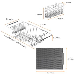 YEECOPON Dish Rack in Sink, Expandable Over The Sink Dish Drying Rack with Utensil Holder and Silicone Drainage pad (Small + 16" Silicone pad)