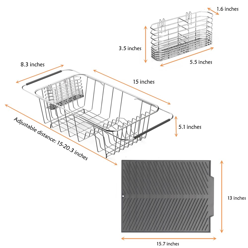 YEECOPON Dish Rack in Sink, Expandable Over The Sink Dish Drying Rack with Utensil Holder and Silicone Drainage pad (Small + 16" Silicone pad)