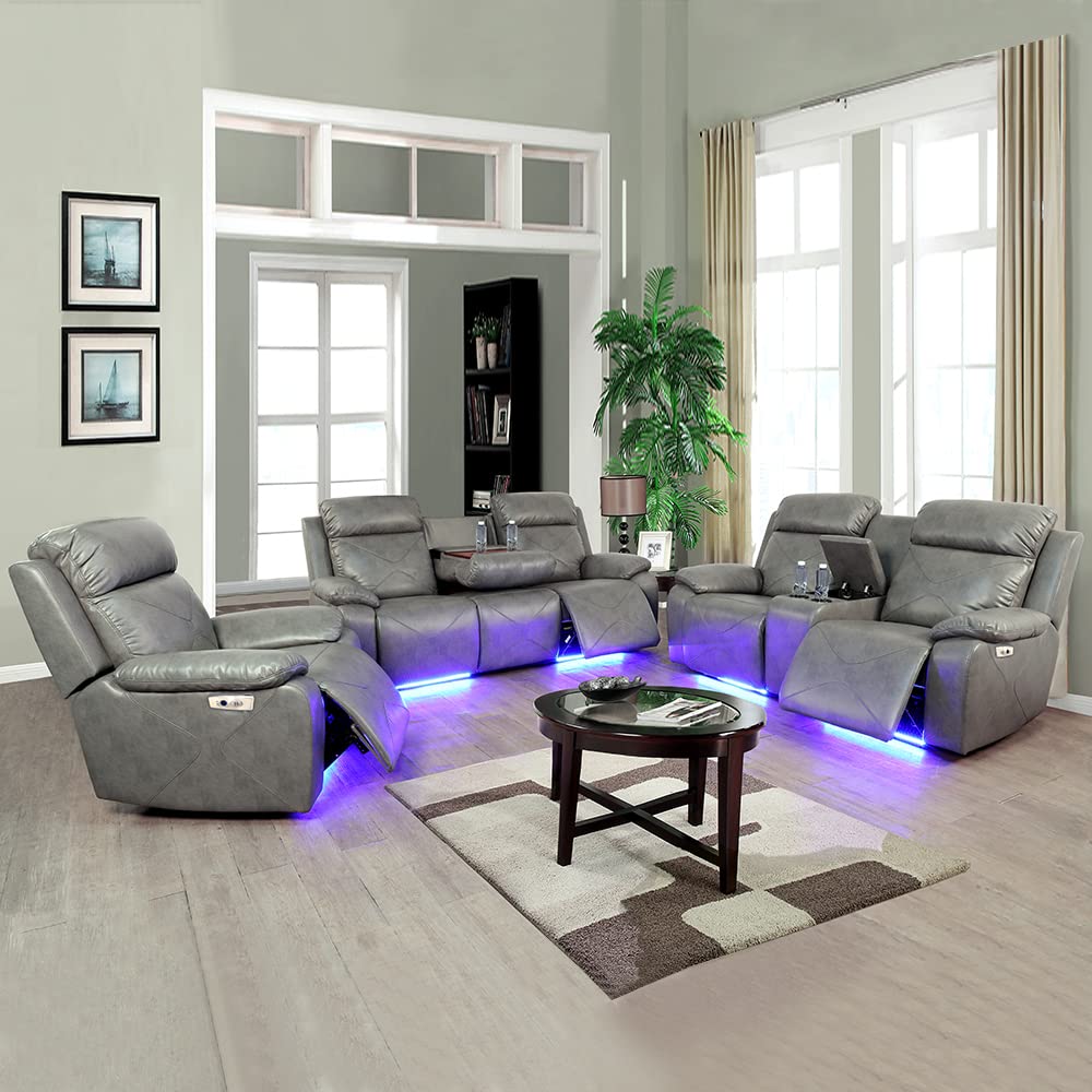 GEBADOL Power Recliner Sofa with LED Lights Leather Sofa for Living Room with USB Port/Storage Console/Cup Holders(Grey)