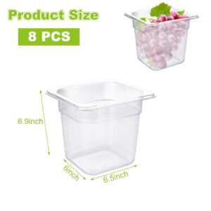 Oungy 8 Pack Clear Plastic Food Pans Plastic Clear Food Pan with Capacity Indicator 1/6 Size 6 Inch Deep Restaurant Commercial Hotel Pans for Fruits Vegetables Corns Beans