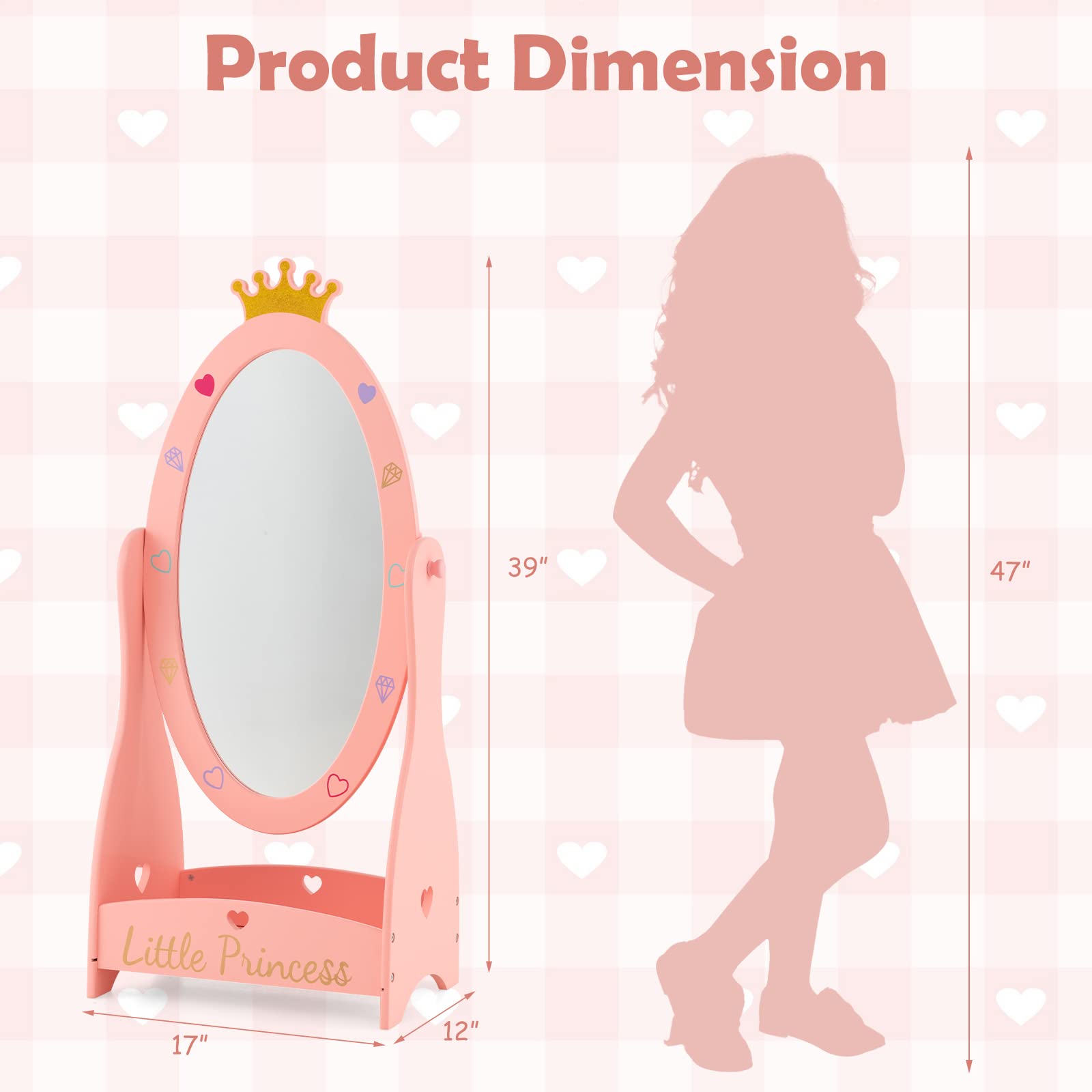 HONEY JOY 3 Piece Kids Vanity Set, Girls Vanity Table & Chair Set, Princess Toy Box, 360° Rotatable Freestanding Dressing Mirror w/Storage Shelf, Kids Room Furniture Set for Playroom Bedroom, Pink