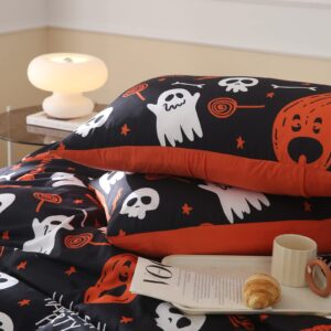 Halloween Duvet Cover Queen Size Pumpkin Bedding Set Cartoon Ghost Candy Comforter Cover for Kids Room Decor Black Bedding with 1 Duvet Cover 2 Pillowcases