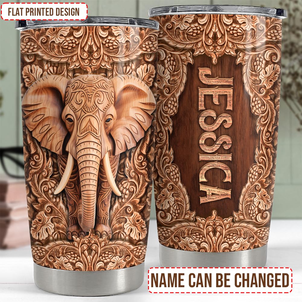 SANDJEST Personalized Elephant Wood Drawing Tumbler 20oz 30oz Insulated Tumblers with Lid Coffee Travel Mug Cup for Men Women Gift for Birthday